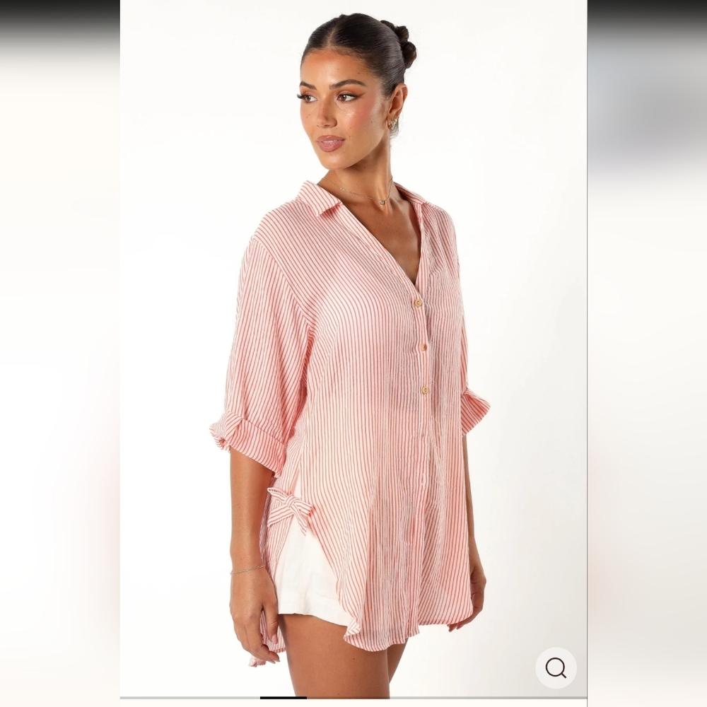 Petal +Pup Wren Oversized Striped Coral White Button-Up Shirt XS